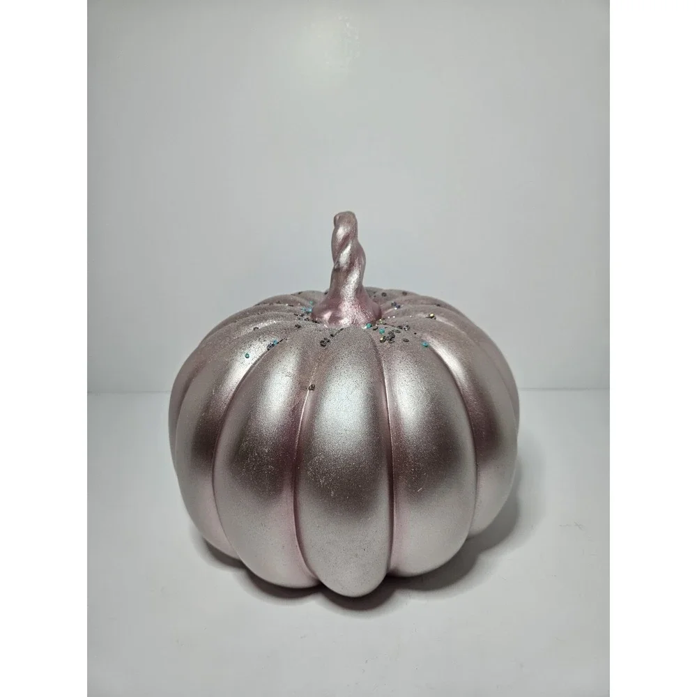 Pink Iridescent Art Glass Pumpkin Twisted Stem Fall Thanksgiving Decor 7in